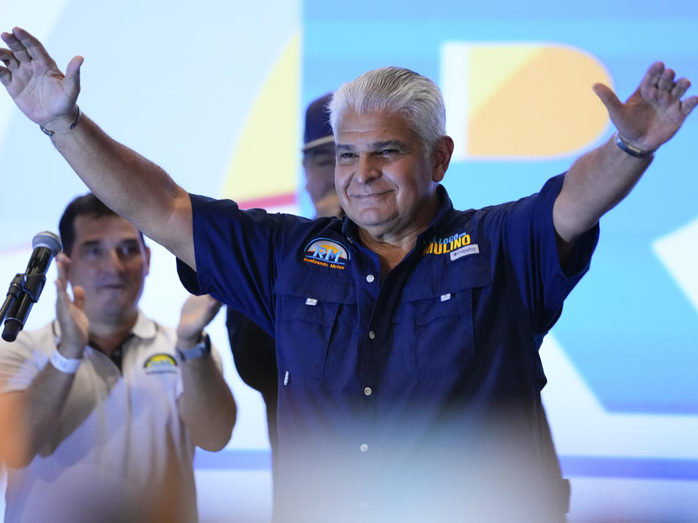 Presidential candidate Jose Raul Mulino, of the Achieving Goals party, celebrates after winning on the day of the general electing in Panama City, on Sunday.