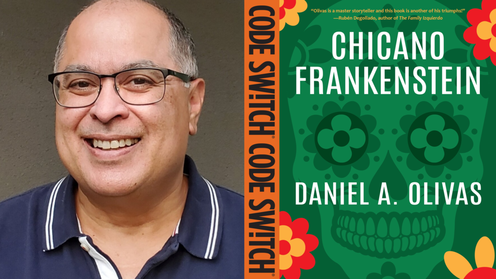 Author Daniel A. Olivas poses next to the cover of his recent book, <em>Chicano Frankenstein</em>