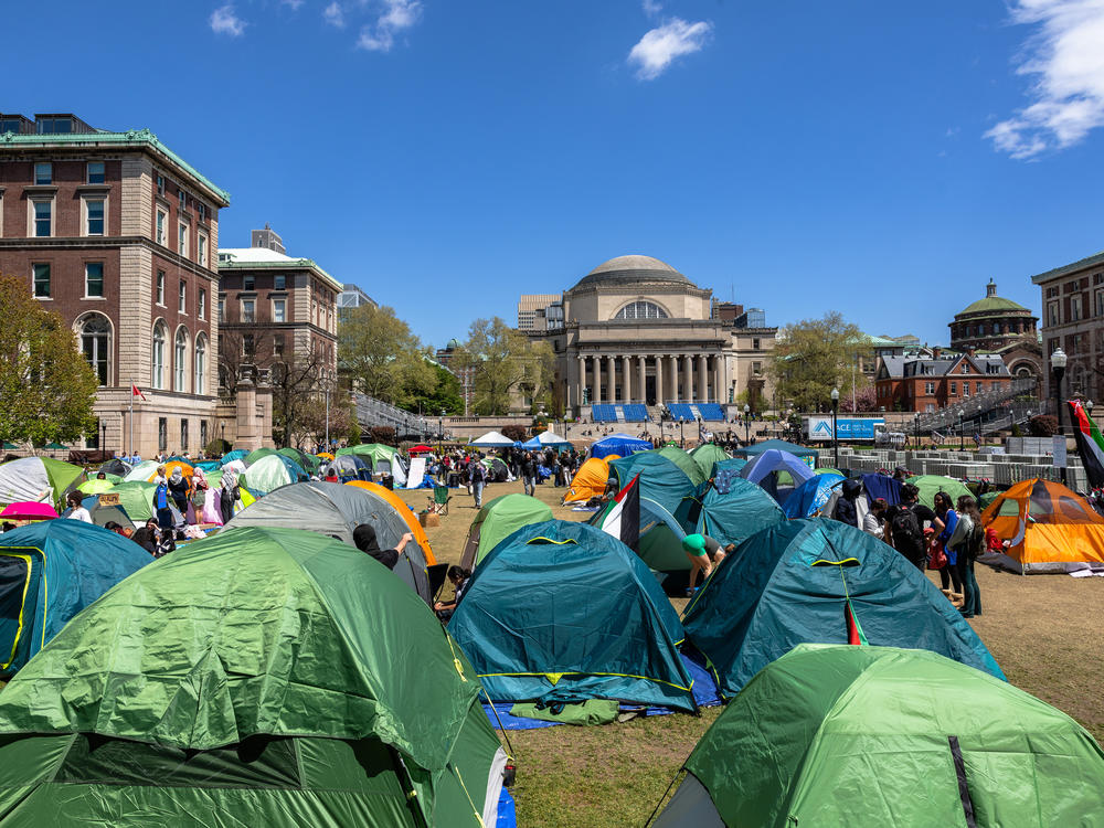 Protesters seen in tents on Columbia University's campus on April 24. The school later suspended protesters who didn't leave, and called New York City police to arrest those who occupied a building on campus.