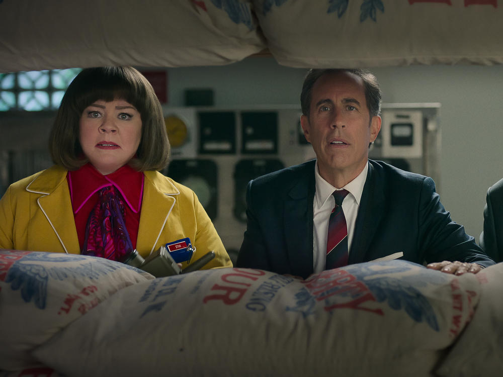 Melissa McCarthy, Jerry Seinfeld, and Jim Gaffigan in <em>Unfrosted</em>.