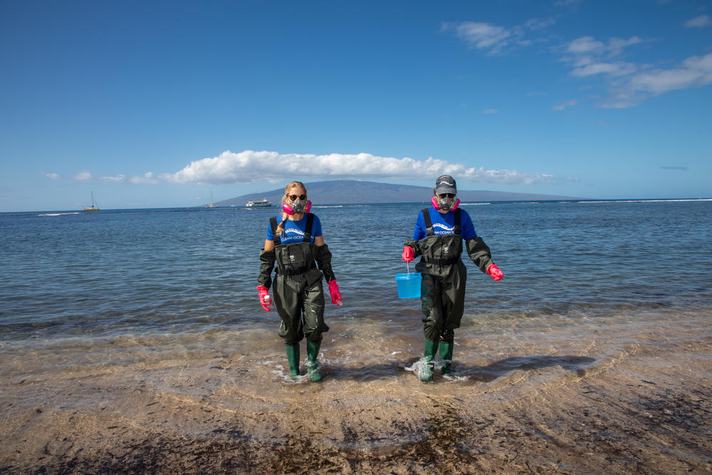Keyhani (left) and Yanell (right) emerge from a short water collecting wade. 