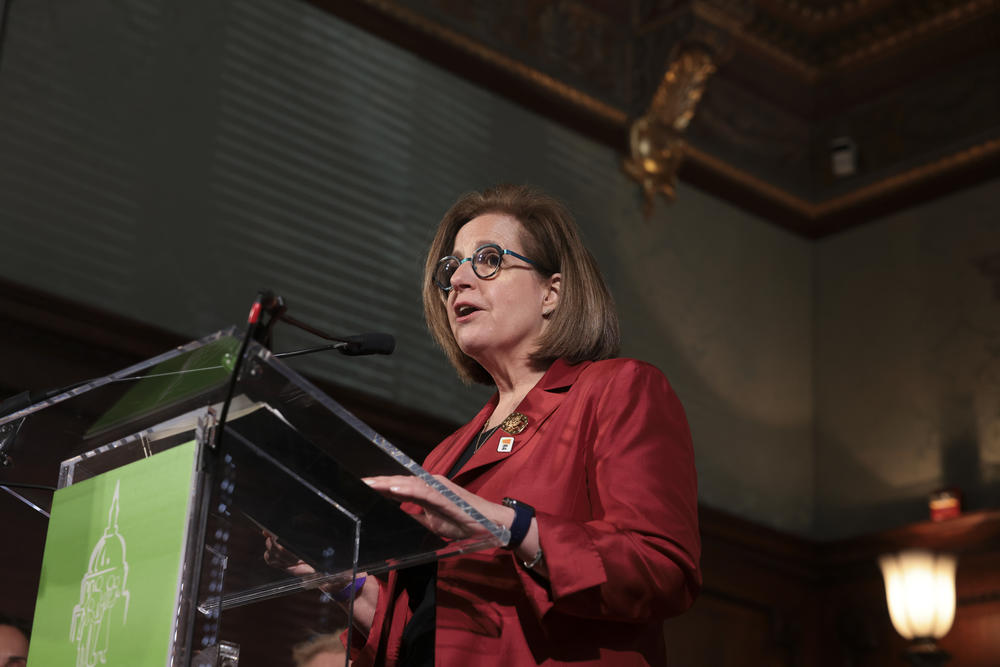 Lisa McGovern, Executive Director of the Congressional Families Cancer Prevention Program speaks during a reception with congressional members and spouses showcasing bipartisan support for cancer prevention and early detection at the Library of Congress in Washington, DC on April 19, 2023.