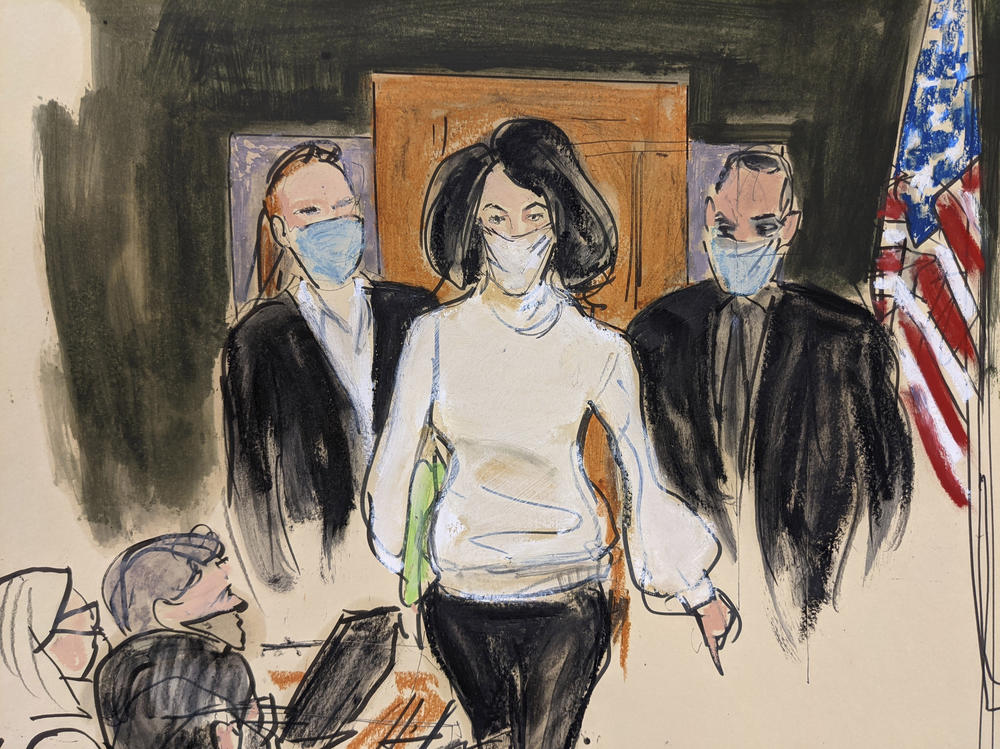 In this sketch by Elizabeth Williams, Ghislaine Maxwell enters the courtroom during the former socialite's trial on sex trafficking charges on Nov. 29, 2021.