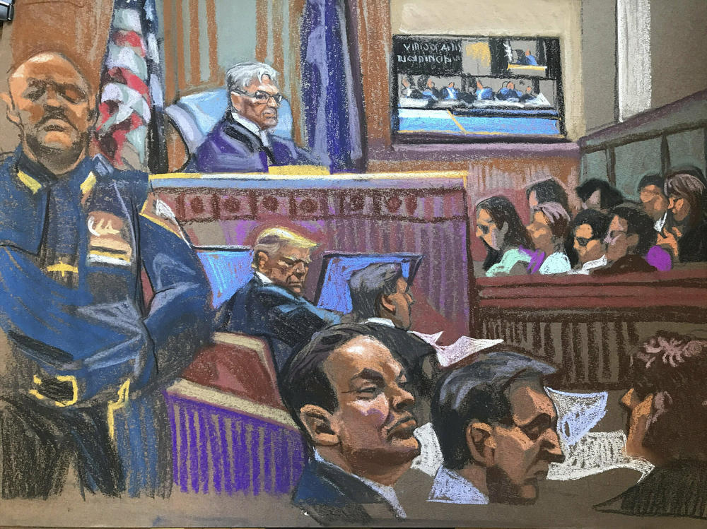 A sketch by Christine Cornell of former President Donald Trump seated at the defense table on the second day of jury selection on April 16.