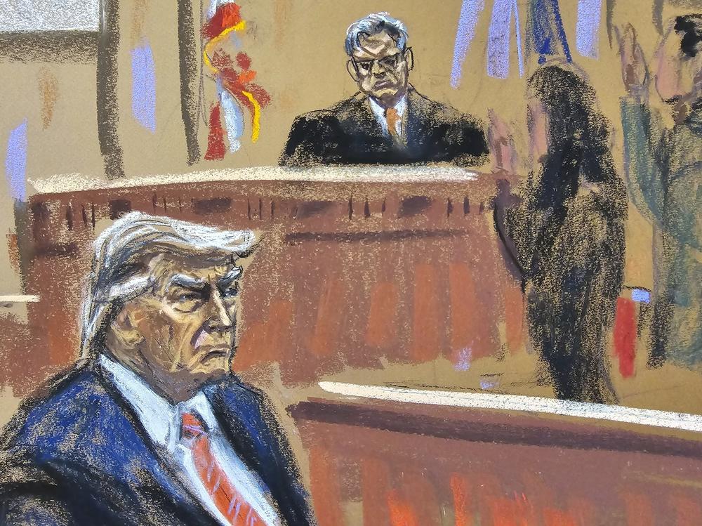 A sketch by Jane Rosenberg of former President Donald Trump seated in court on April 19 as the final jurors are sworn in during his criminal trial.