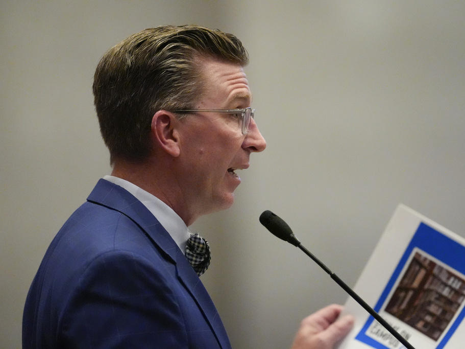 Rep. Ryan Williams, R-Cookeville, responds to questions on his bill to allow some teachers to be armed in schools from the House floor during a legislative session Tuesday, April 23, 2024, in Nashville, Tenn.