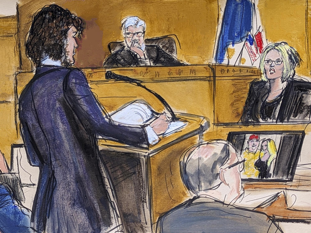 Judge Juan Merchan presides over proceedings on Tuesday as Stormy Daniels, far right, answers questions on direct examination by assistant district attorney Susan Hoffinger in Manhattan criminal court as former President Donald Trump and defense attorney Todd Blanche look on.