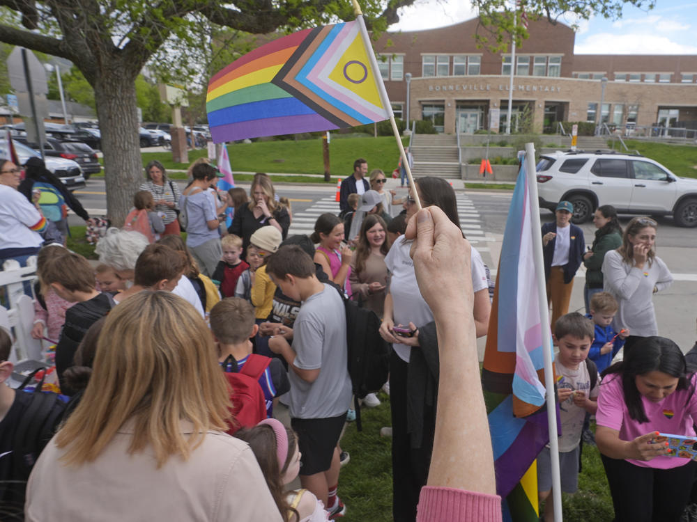 Bonneville Elementary School parents and students gather during a block party supporting trans and non binary students and staff on April 29, 2024, in Salt Lake City.