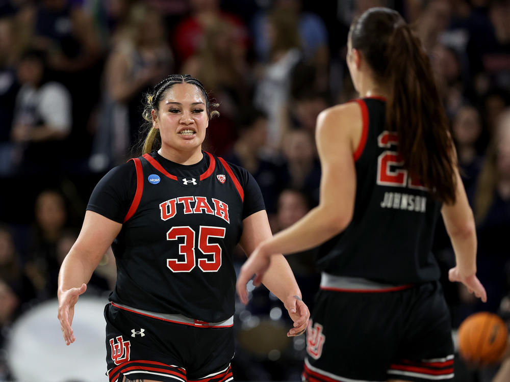 Alissa Pili #35 and Jenna Johnson #22 of the Utah Utes react after a basket against the Gonzaga Bulldogs in the second round of the NCAA Women's Basketball Tournament in Spokane, Wash. on March 25, 2024. (Photo by Steph Chambers/Getty Images)