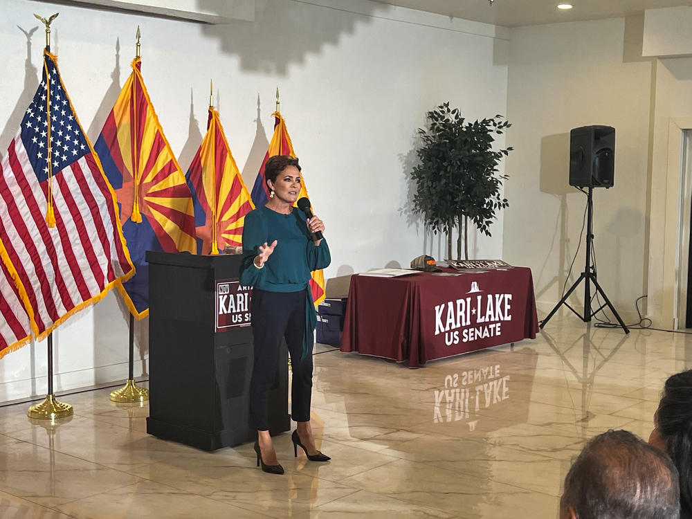 Republican U.S. Senate candidate Kari Lake speaks to a crowd gathered for a Latinos for Lake Rally in Nogales, Ariz., on May 4.
