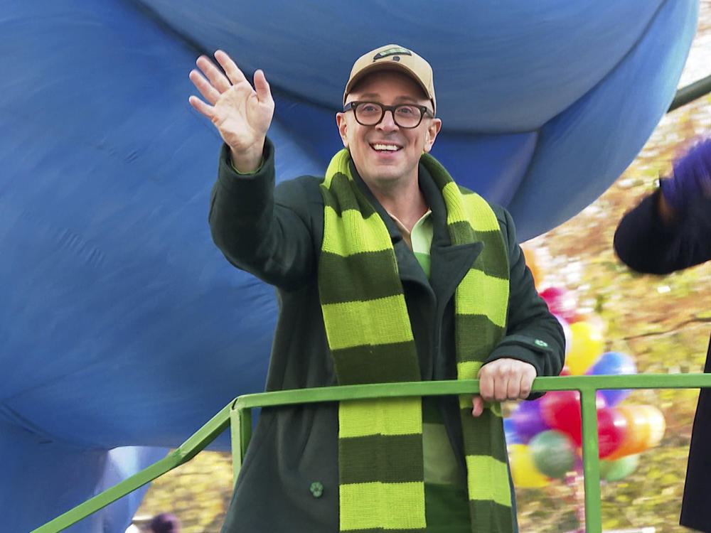 Nickelodeon television show <em>Blue's Clues</em> host Steve Burns rides a float in the Macy's Thanksgiving Parade in New York City in November 2021.