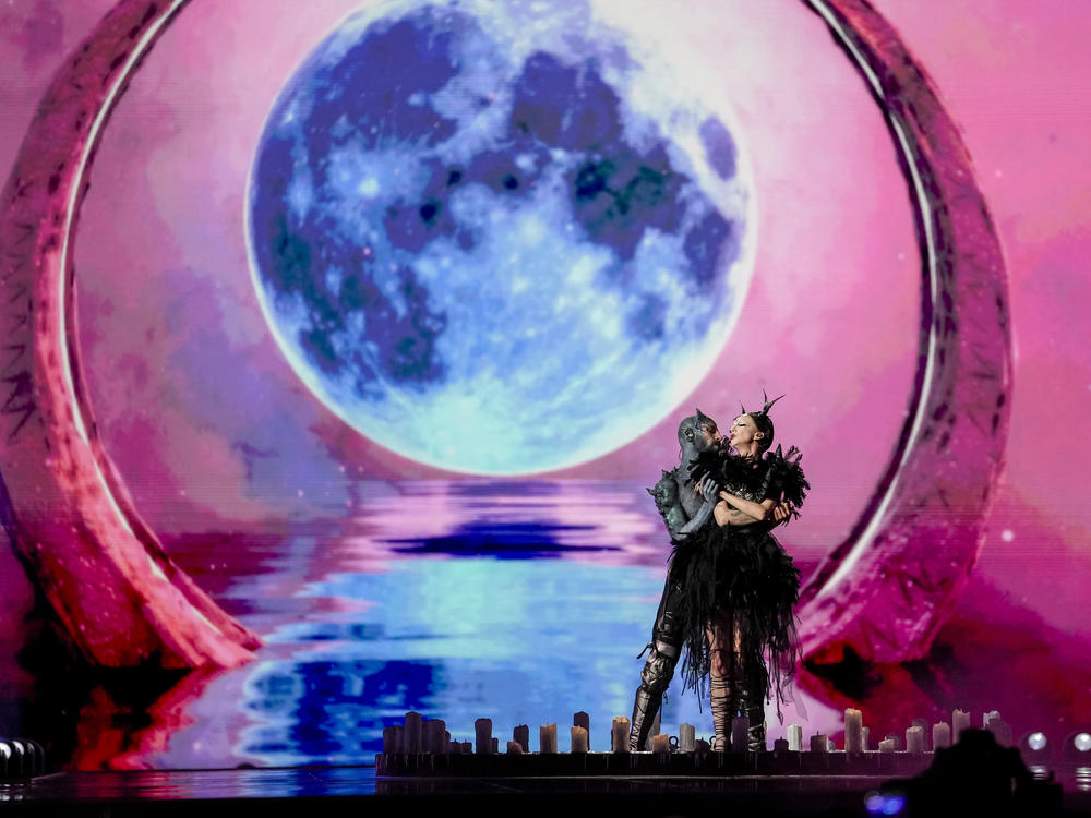 Bambie Thug of Ireland performs the song Doomsday Blue during the first semi-final at the Eurovision Song Contest in Malmo, Sweden, on Tuesday.