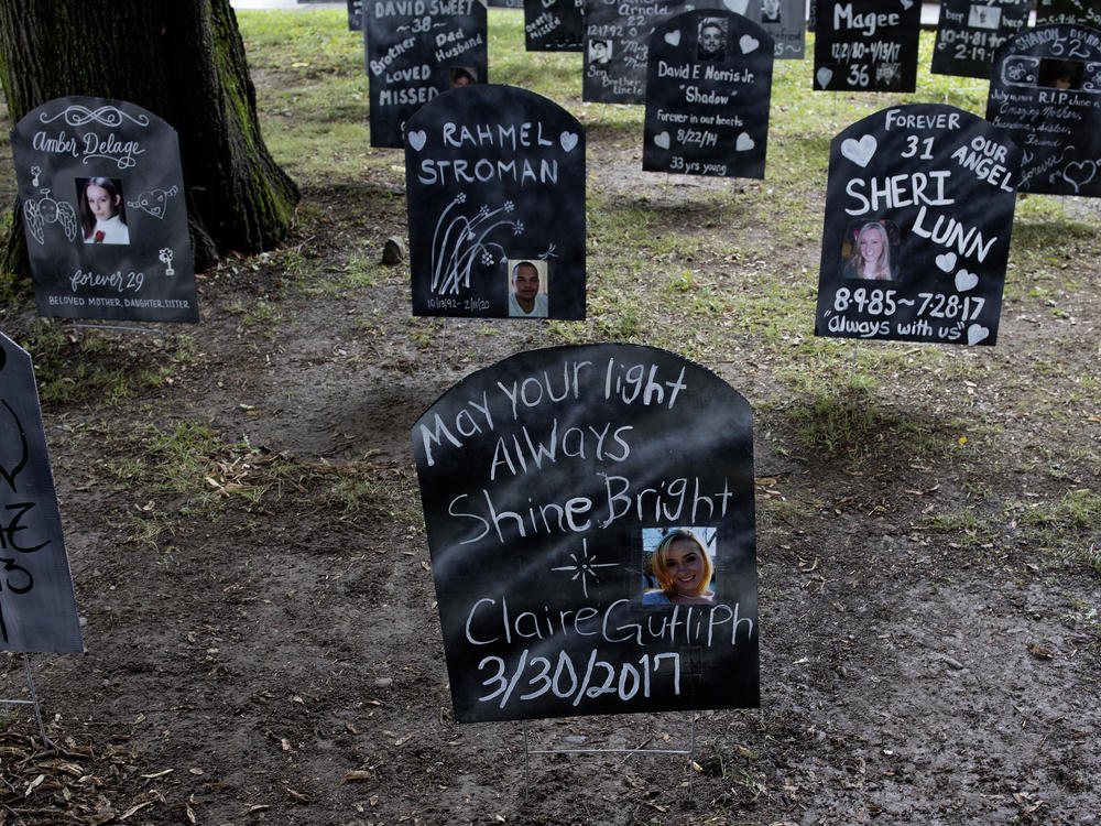 A memorial for those lost to the opioid epidemic in Binghamton, NY, in Aug. 2021. A study in JAMA Psychiatry Wednesday tallies how many children lost parents to overdoses.
