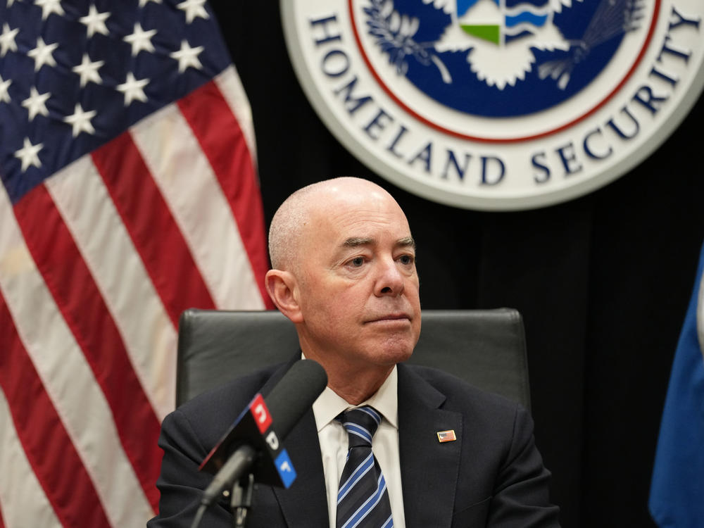 Homeland Security Secretary Alejandro Mayorkas talks with NPR's Morning Edition Wednesday, May 8, 2024, at the department's headquarters in Washington, D.C.