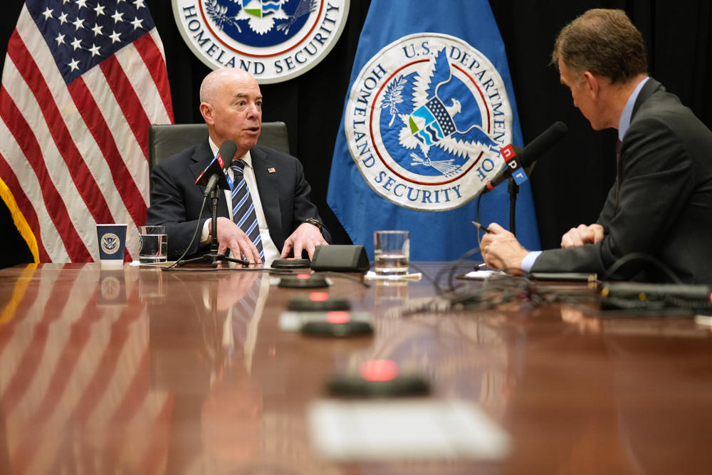 Homeland Security Secretary Alejandro Mayorkas talks with NPR's Morning Edition Wednesday, May 8, 2024, at the department's headquarters in Washington, D.C.