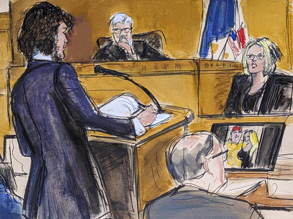 Judge Juan Merchan presides over proceedings Tuesday as Stormy Daniels, far right, answers questions on direct examination by assistant district attorney Susan Hoffinger in Manhattan criminal court as former President Donald Trump and defense attorney Todd Blanche look on.