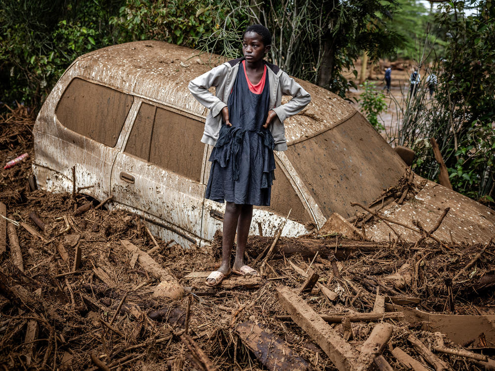 This car was buried in mud in an area heavily affected by torrential rains and flash floods in the village of Kamuchiri, near Mai Mahiu, on April 29.