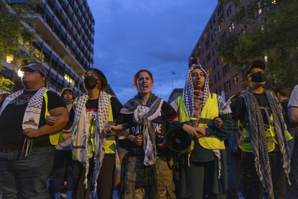 Pro-Palestinian protesters continue demonstration on George Washington University's campus in Washington, D.C. on May 9, 2024.