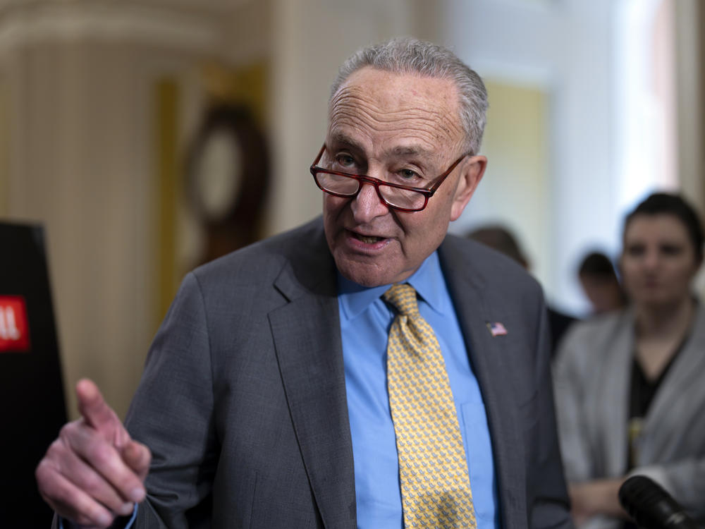 Senate Majority Leader Chuck Schumer, D-N.Y., speaks to reporters following Democratic strategy session, at the Capitol in Washington on Wednesday.