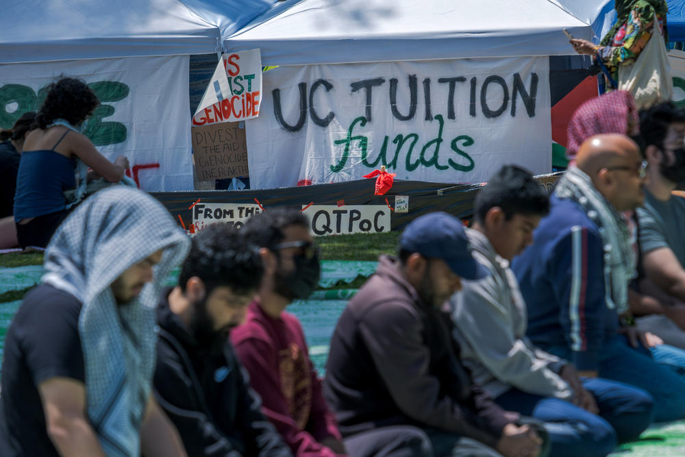 Prayer takes place at UC San Diego encampment on May 5, 2024.