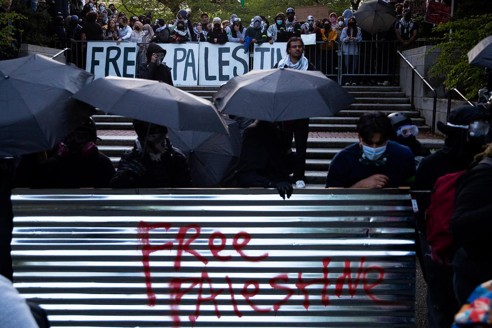 The east entrance to the University of Washington Quad and encampment for Palestine is shown barricaded following a talk by Turning Point USA founder Charlie Kirk at UW's HUB on Tuesday, May 7, 2024, in Seattle.