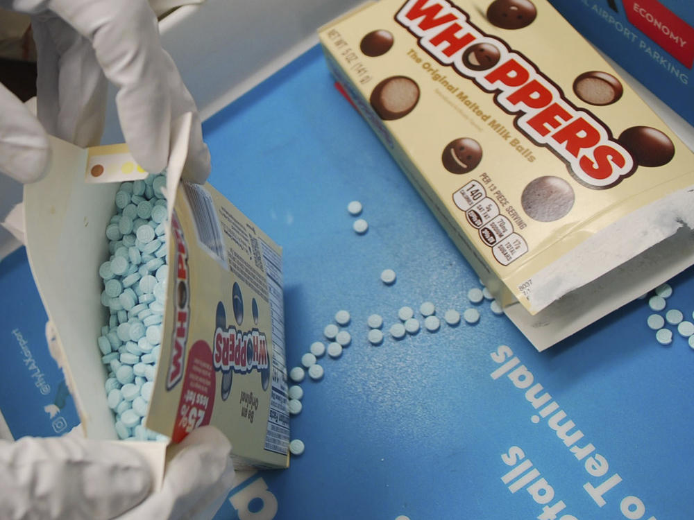 This image provided by the Los Angeles County Sheriff's Department shows suspected fentanyl pills seized at Los Angeles International Airport in 2022.