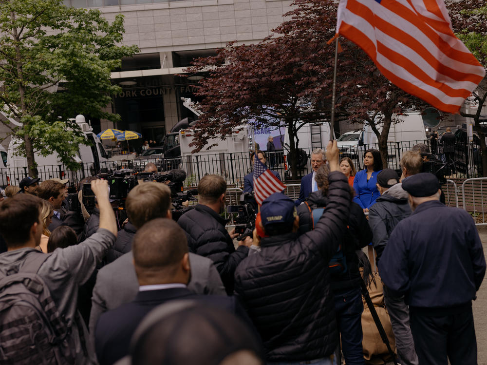 Alabama U.S. Sen. Tommy Tuberville, center, speaks during a press conference in Collect Pond Park on Monday, the 16th day of the hush money trial of former President Donald Trump.
