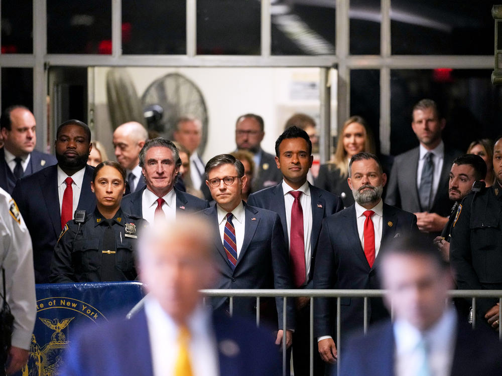 Rep. Byron Donalds, R-Fla., vice president hopeful and North Dakota Gov. Doug Burgum, House Speaker Mike Johnson, former GOP presidential candidate Vivek Ramaswamy and Rep. Cory Mills, R-Fla., joined the former president in court Tuesday morning.