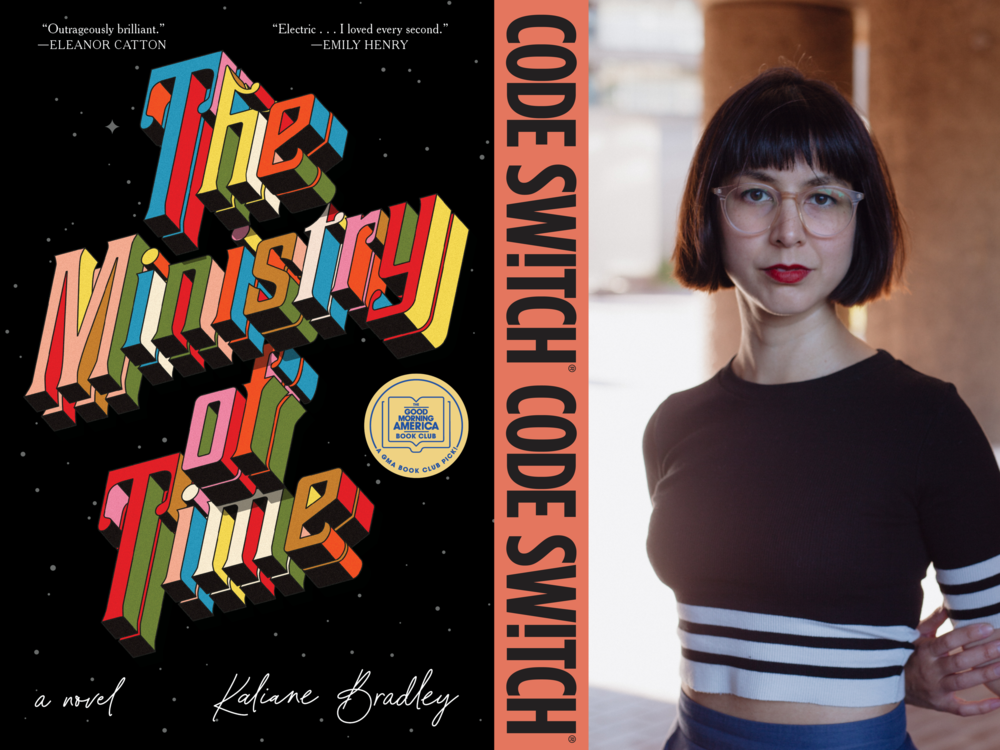 Author Kailene Bradley poses next to the cover of her recent book, <em>The Ministry of Time</em>