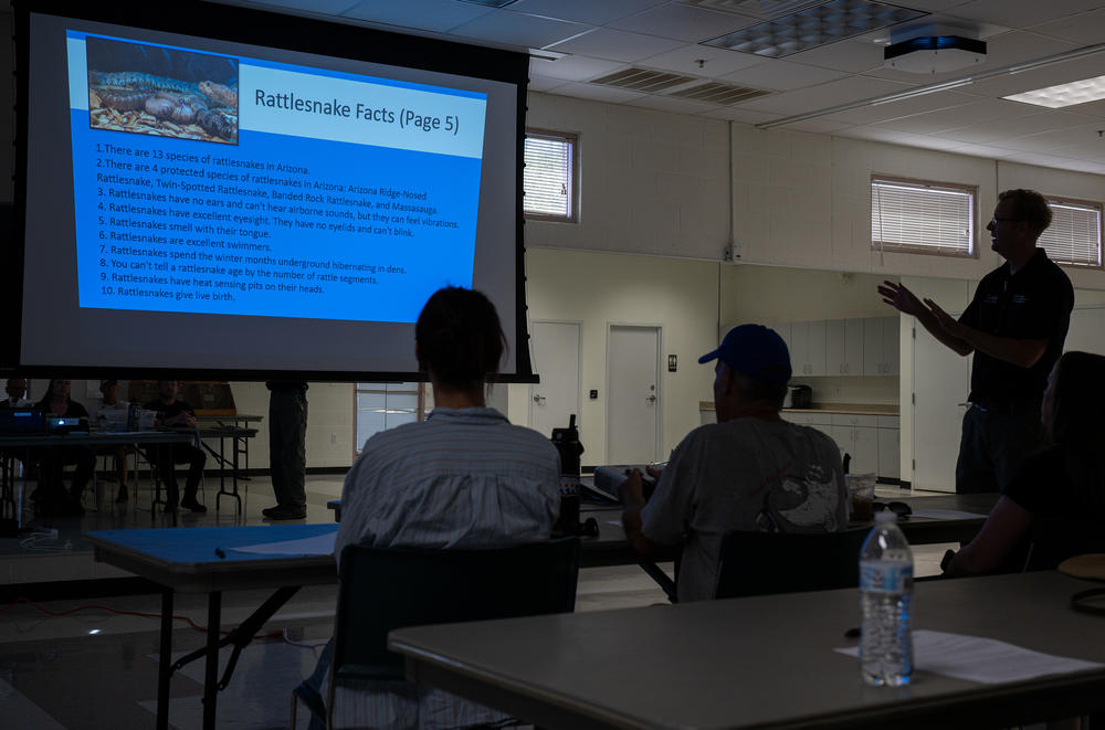 Cale Morris of the Phoenix Herpetological Society leads a class on rattlesnakes.