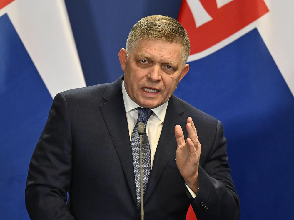 Slovakia's Prime Minister Robert Fico speaks during a press conference with Hungary's Prime Minister Viktor Orban in Budapest, Hungary, Tuesday, on Jan. 16.