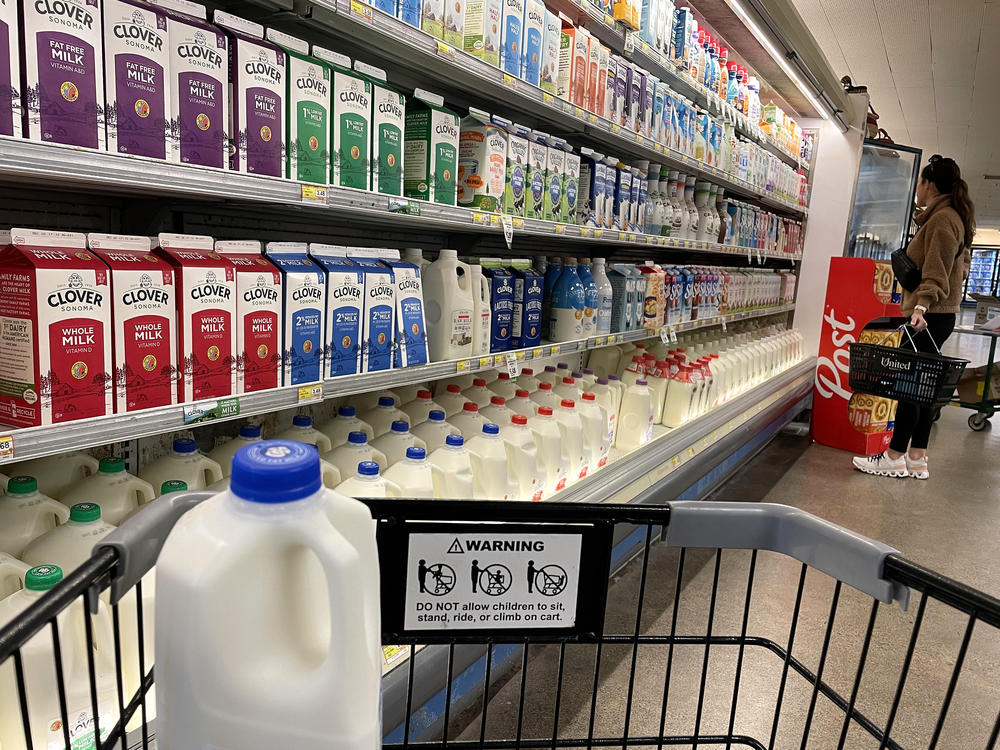 Grocery prices fell in April as overall inflation cooled. Milk prices dropped 0.8% while egg prices declined 7.3%.