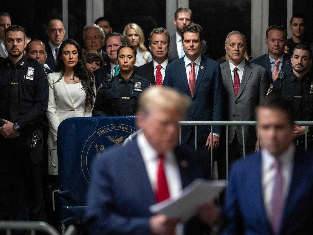 Reps. Lauren Boebert, R-Colo., Matt Gaetz, R-Fla., Anna Paulina Luna, R-Fla., and Bob Good, R-Va., arrive on Thursday to attend Trump's criminal trial.
