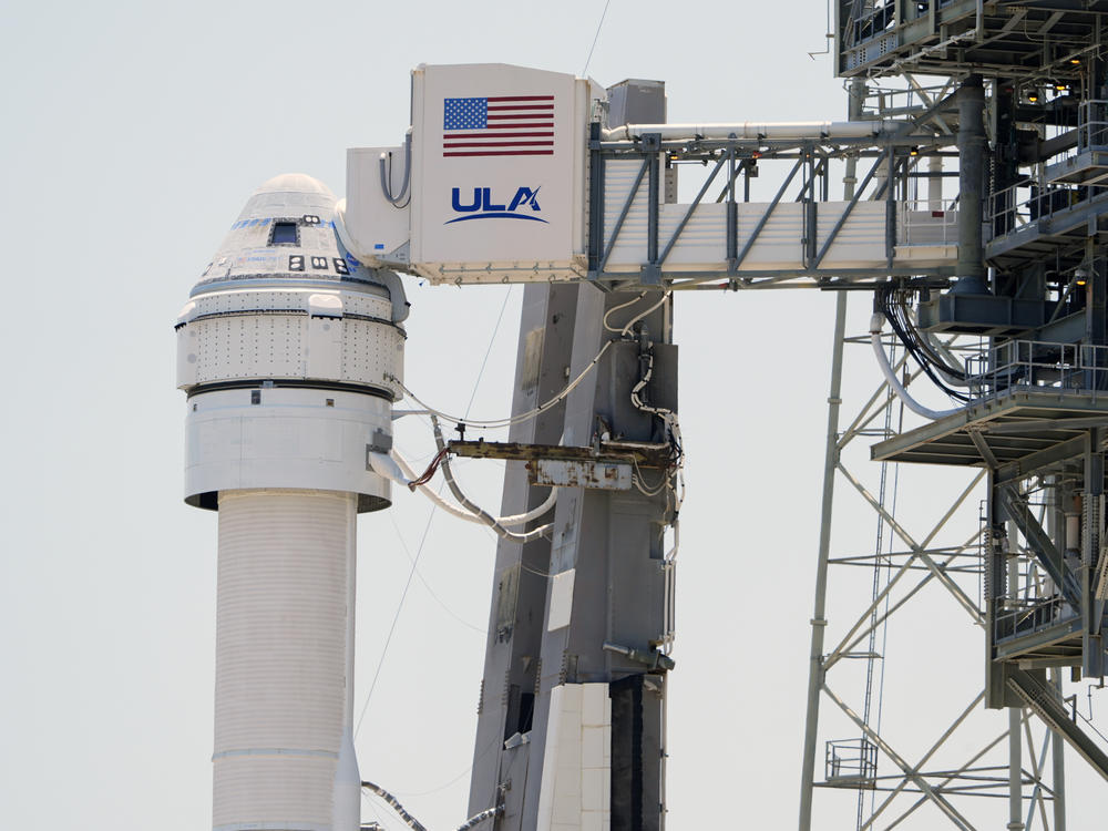 Boeing's Starliner capsule atop an Atlas V rocket is seen at Space Launch Complex 41 at the Cape Canaveral Space Force Station on May 7, a day after its mission to the International Space Station was scrubbed because of an issue with a pressure regulation valve.