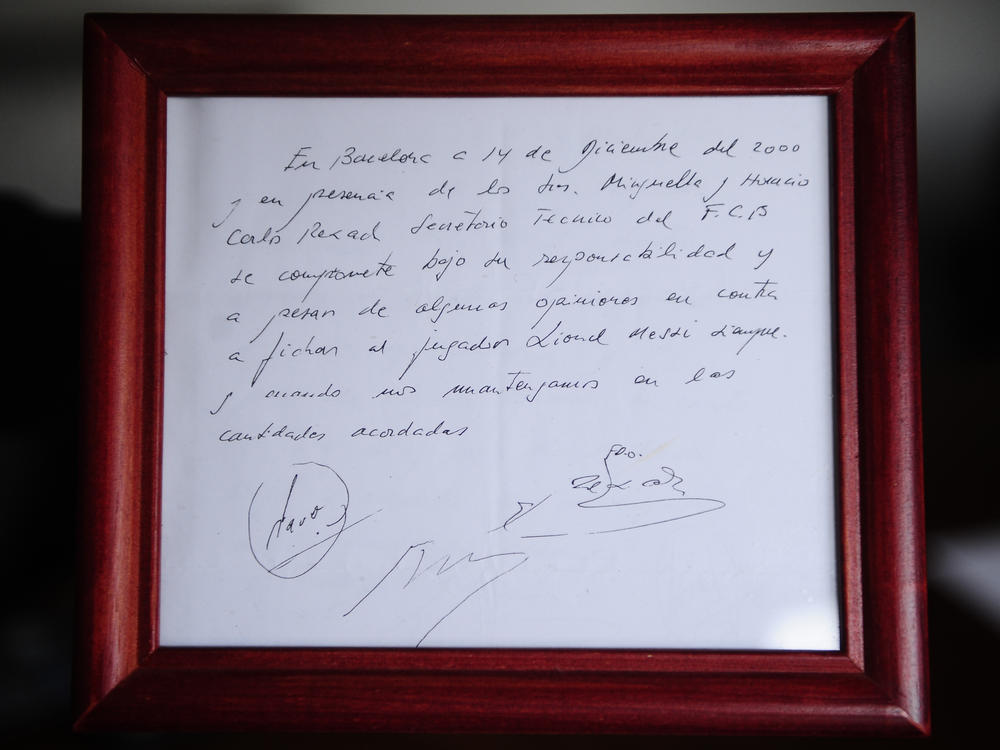 The famous napkin showing the agreement to sign then 13-year-old soccer star Lionel Messi to FC Barcelona was sold at auction on Friday for the equivalent of about $968,600.