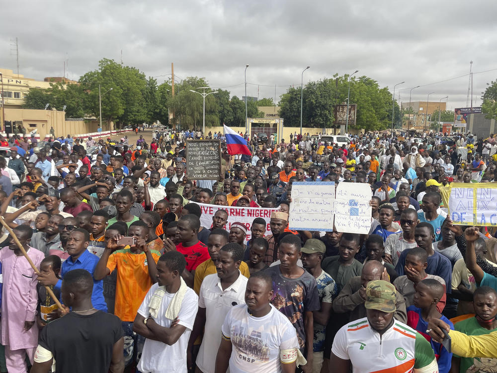 Supporters of Niger's ruling junta gather for a protest in Niamey, Niger, on Aug. 3, 2023.