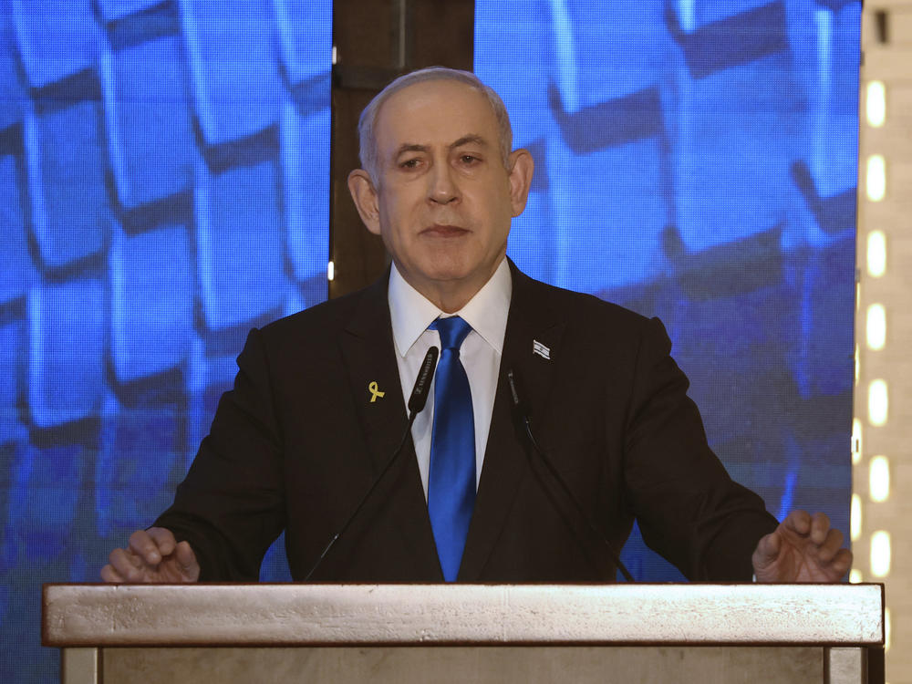 Israeli Prime Minister Benjamin Netanyahu addresses a ceremony marking Memorial Day for fallen soldiers of Israel's wars and victims of attacks at Jerusalem's Mount Herzl military cemetery May 13.