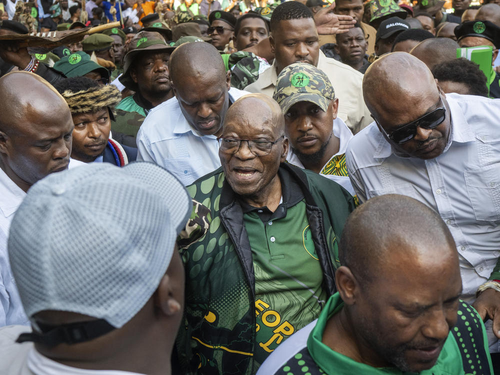 Former South African President Jacob Zuma arrives at Orlando stadium in the township of Soweto, Johannesburg, South Africa, for the launch of his newly formed uMkhonto weSizwe (MK) party's manifesto Saturday, May 18, 2024.