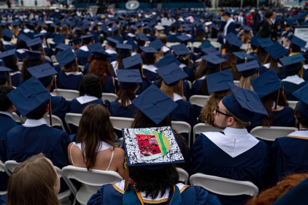 A depiction of a watermelon, which has become the unofficial symbol of Palestine, is seen on a students graduation cap during the George Washington University (GWU) commencement ceremony on the National Mall on May 19.
