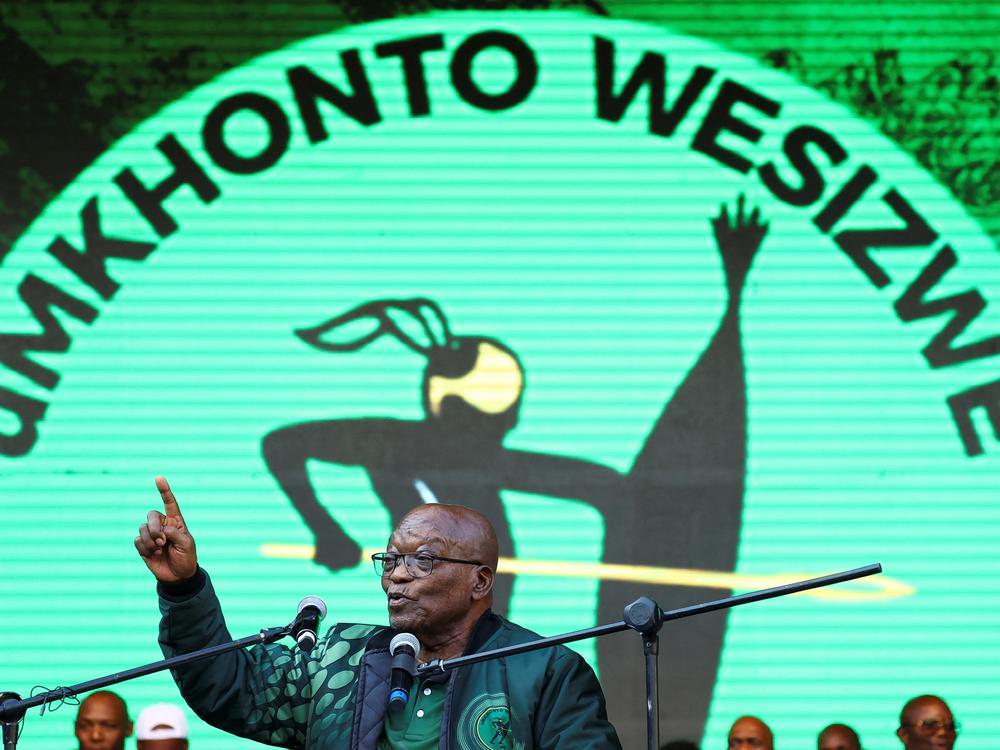 Former South African President Jacob Zuma speaks to his supporters during the launch of the election manifesto of his new political party, uMkhonto we Sizwe, at a rally in Soweto, South Africa, on May 18.