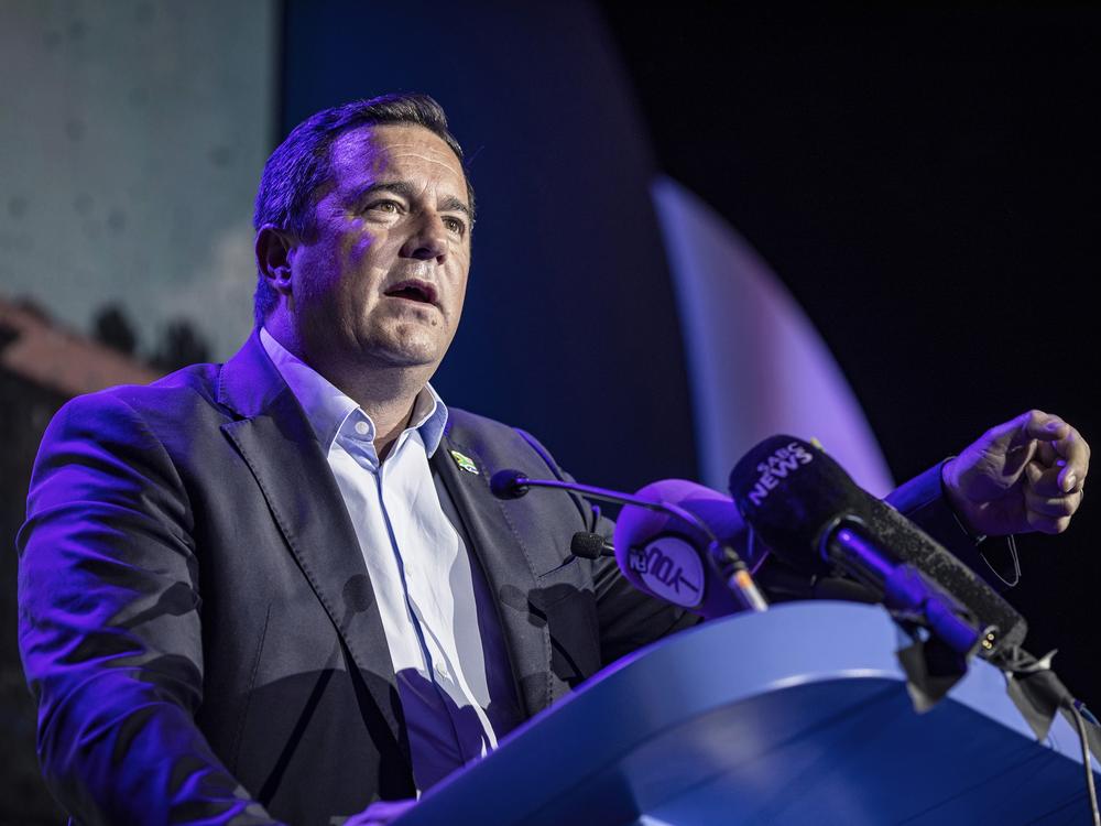 Democratic Alliance party leader Johan Steenhuisen speaks to supporters during a party event on May 9 in Soweto, South Africa. The Democratic Alliance party has mounted a 