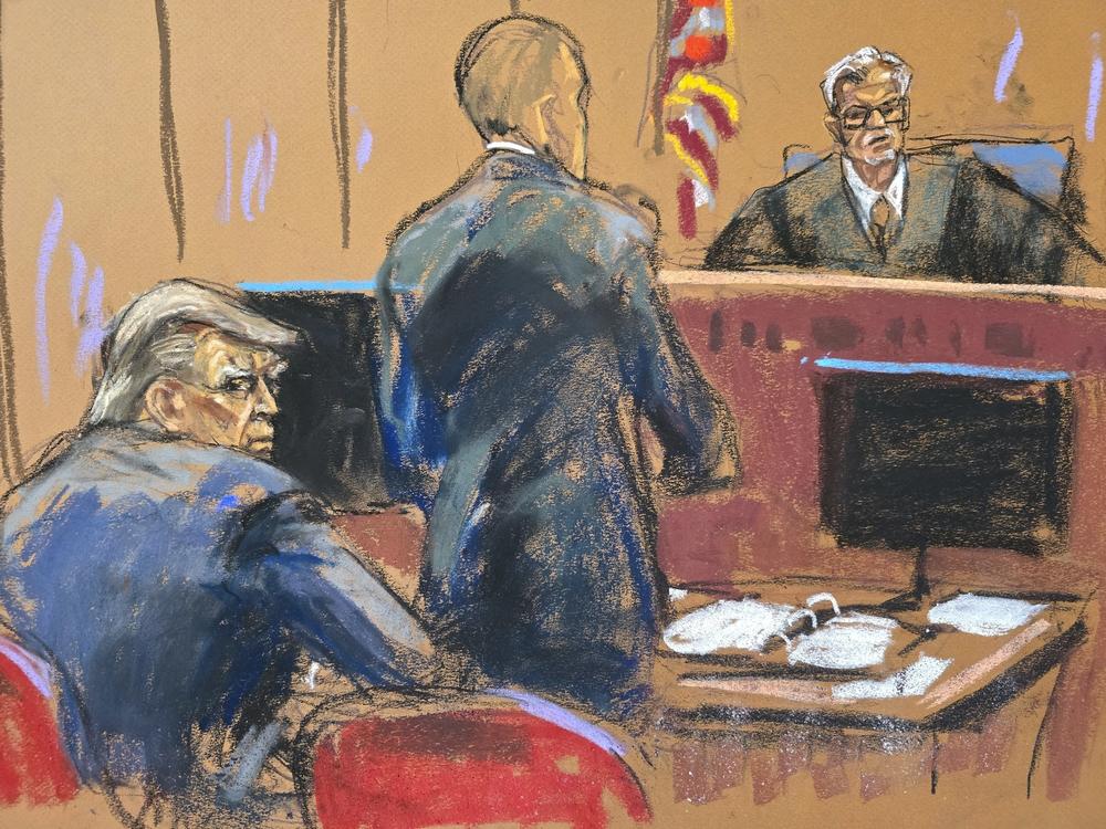 New York Supreme Court Judge Juan Merchan listens as Emil Bove, a member of former President Donald Trump's legal team, argues for his client during Sandoval's hearing.