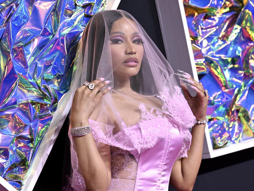 FILE - Nicki Minaj arrives at the MTV Video Music Awards on Sept. 12, 2023, at the Prudential Center in Newark, N.J. She tweeted that police told her they found marijuana in her bags.
