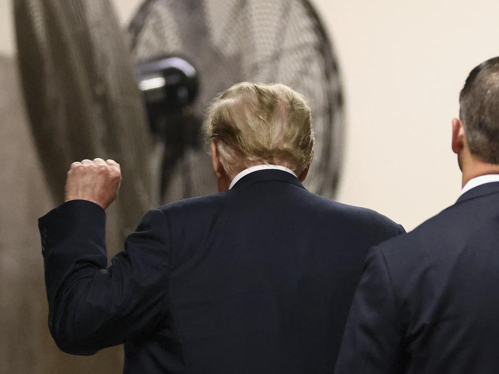 Former US President Donald Trump raises his fist as he leaves the courtroom during a break in his criminal trial for allegedly covering up hush money payments at Manhattan Criminal Court in New York City, on May 28, 2024.