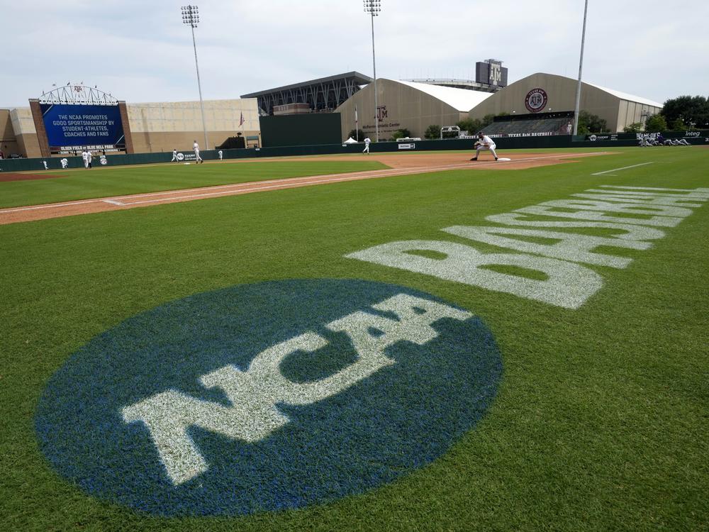 The NCAA logo painted on Olsen Field at Blue Bell Park as Oral Roberts takes infield before the start of a NCAA baseball game against TCU on June 4, 2022 in College Station, Texas. 