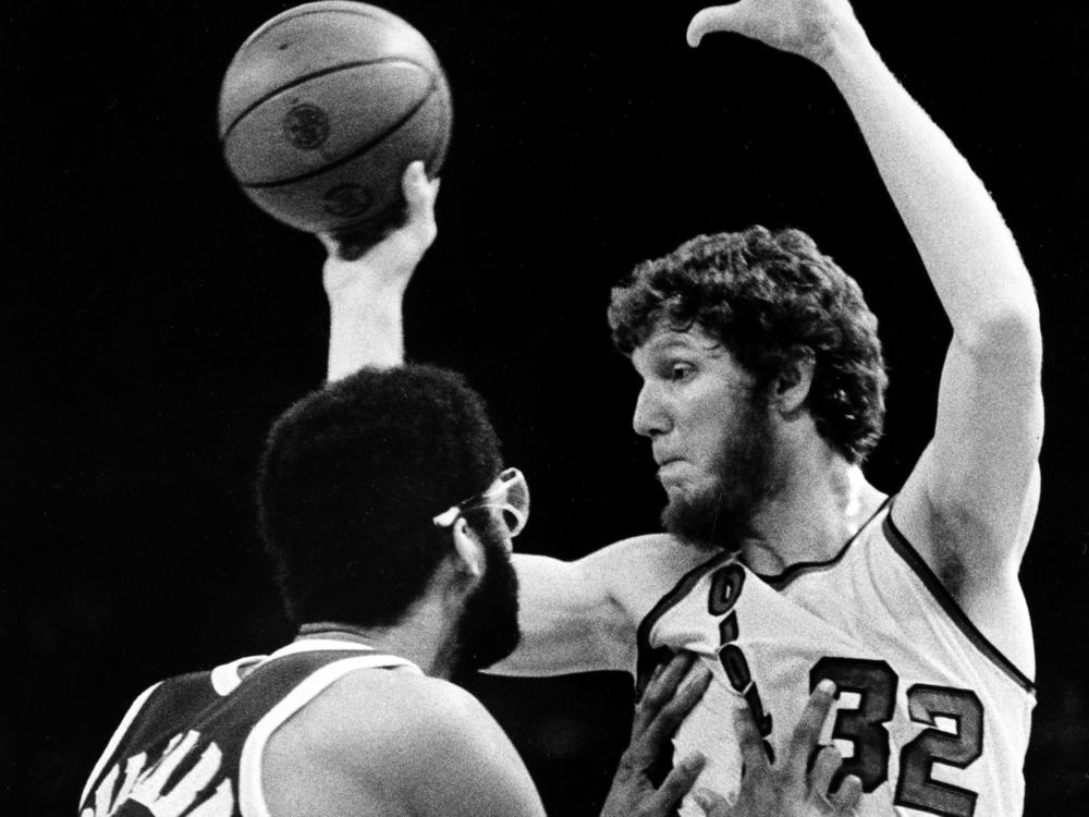 Los Angeles Lakers center Kareem Abdul-Jabbar guards Portland Trail Blazers center Bill Walton, who tries to go to the basket, during NBA finals playoff game in Portland, Ore., on May 14, 1977.  Portland won 105-101 to win the best of seven series four games to none.