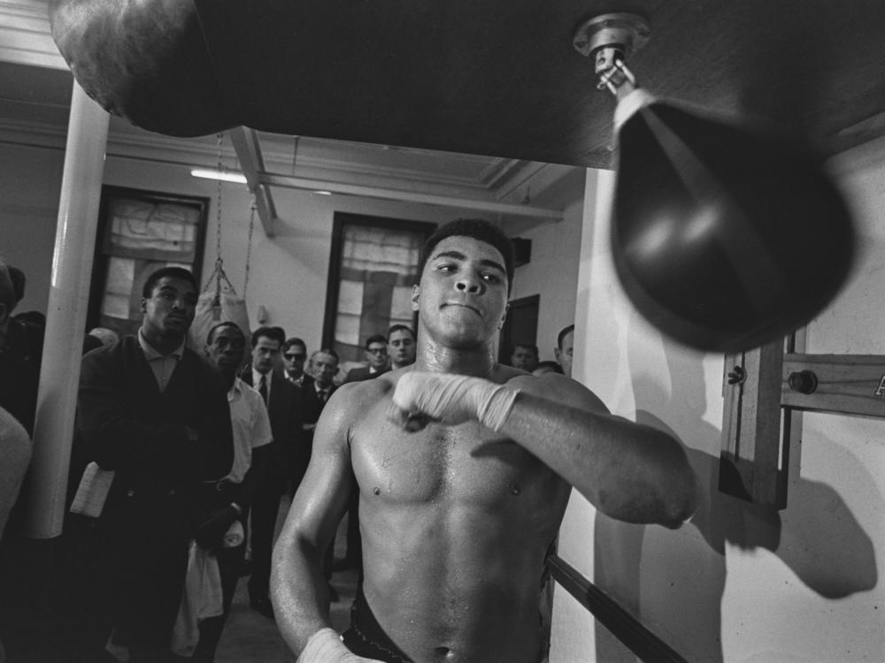 Muhammad Ali trains with a speed bag in 1966.