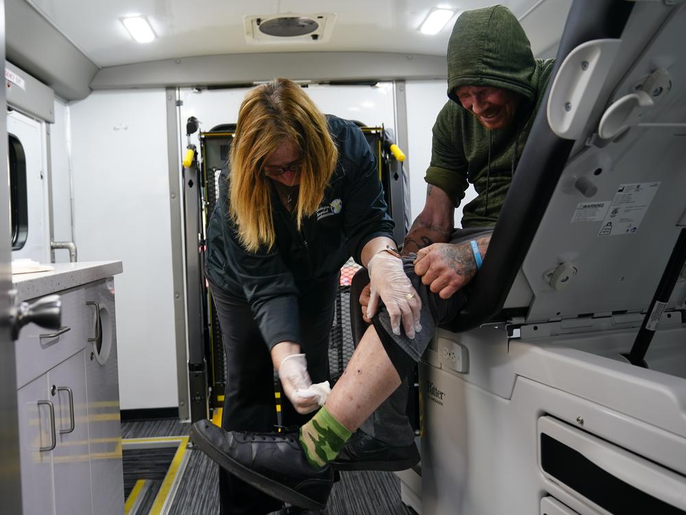 Registered nurse Kathy Lalli treats Ellwood Warren's injuries at the Kensington Hospital wound care outreach van, parked in the Kensington neighborhood of Philadelphia, on May 23, 2023. In humans, xylazine can cause breathing and heart rates to drop. It’s also linked to severe skin ulcers and abscesses, which can lead to infections, rotting tissue and amputations. Experts disagree on the exact cause of the wounds, which are much deeper than those seen with other injectable drugs.  