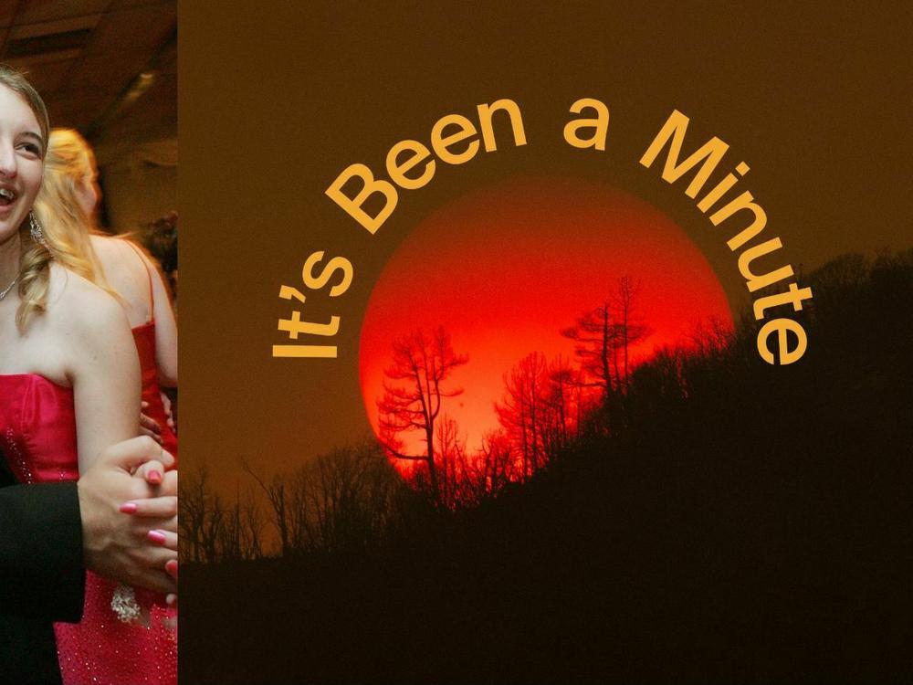 Two students dancing at prom. Sinking sun during the 2022 California wildfires.