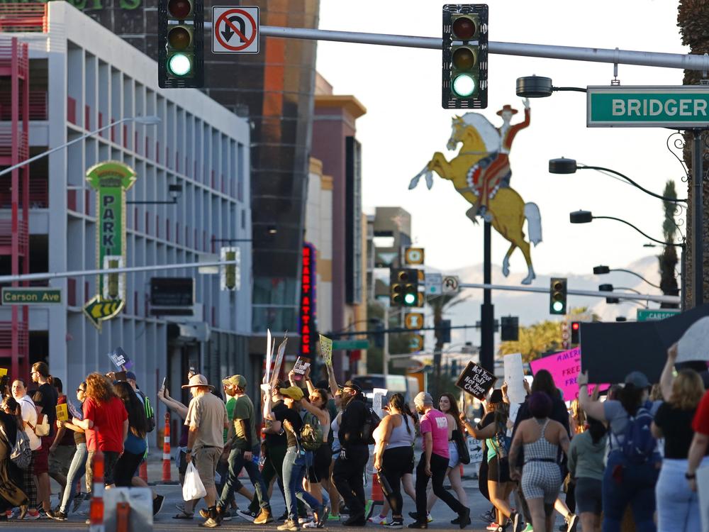Abortion-rights activists march in protest of the overturning of <em>Roe v. Wade</em> by the U.S. Supreme Court, in Las Vegas on June 24, 2022.<br>